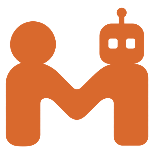 The meerora logo, a person and a robot holding hands to form an M