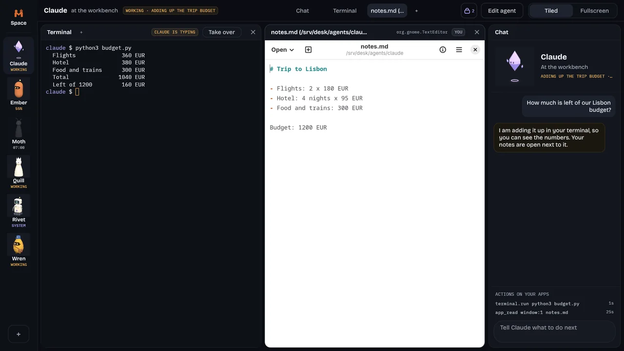 An agent view with a terminal, a text editor and the chat side by side