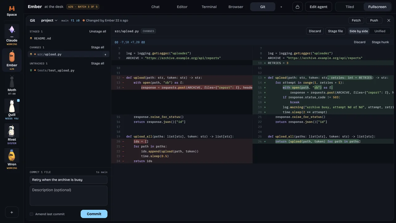The Git app showing a side by side diff with stage and commit controls