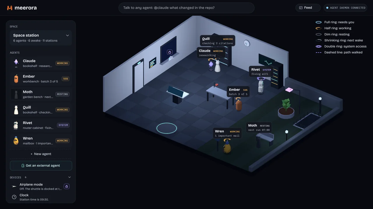 The space station room with agents at their stations